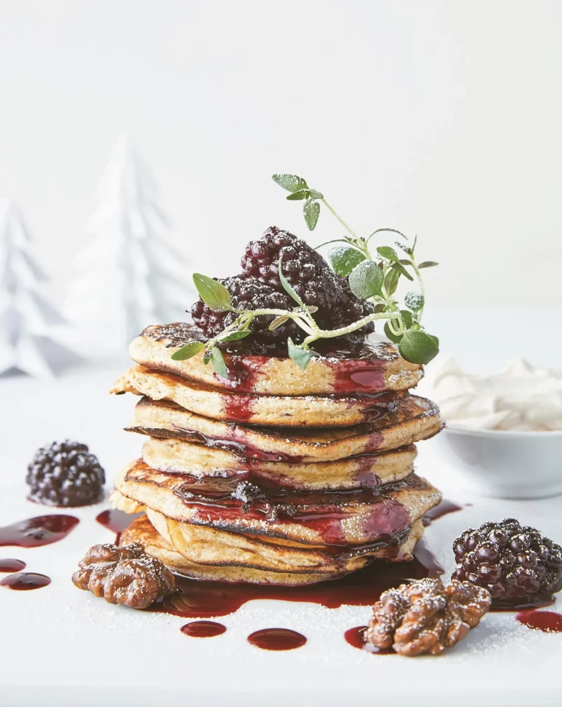 Ricotta Pancakes with Warm Blackberries and Caramelized Walnuts
