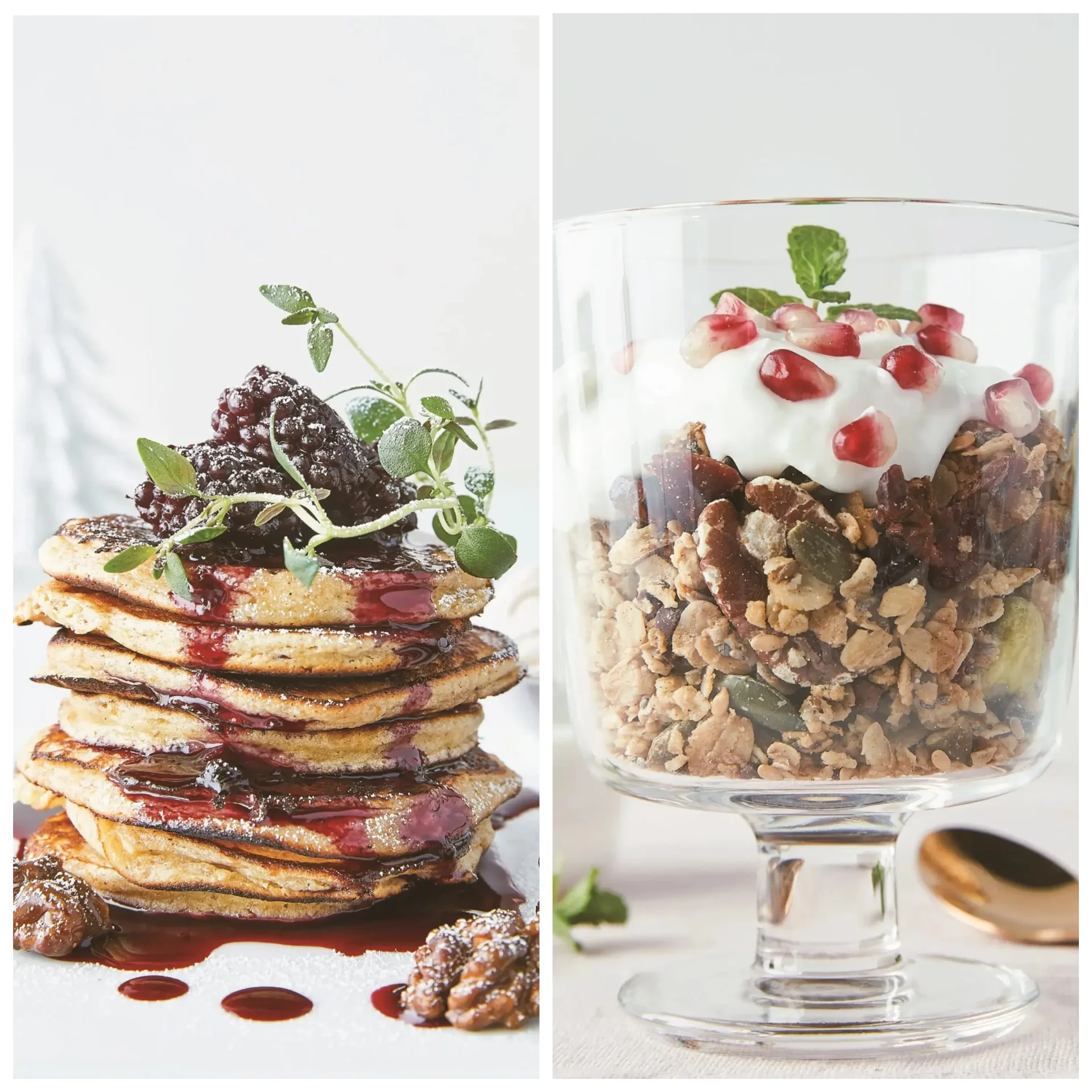 Ricotta Pancakes with Warm Blackberries and Caramelized Walnuts